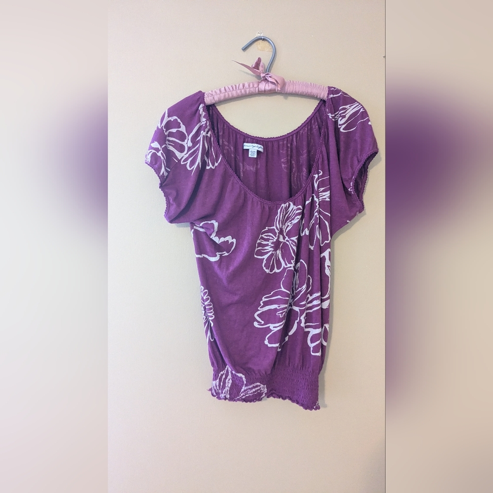 American Eagle Outfitters Purple Ruched Short Sleeve Blouse